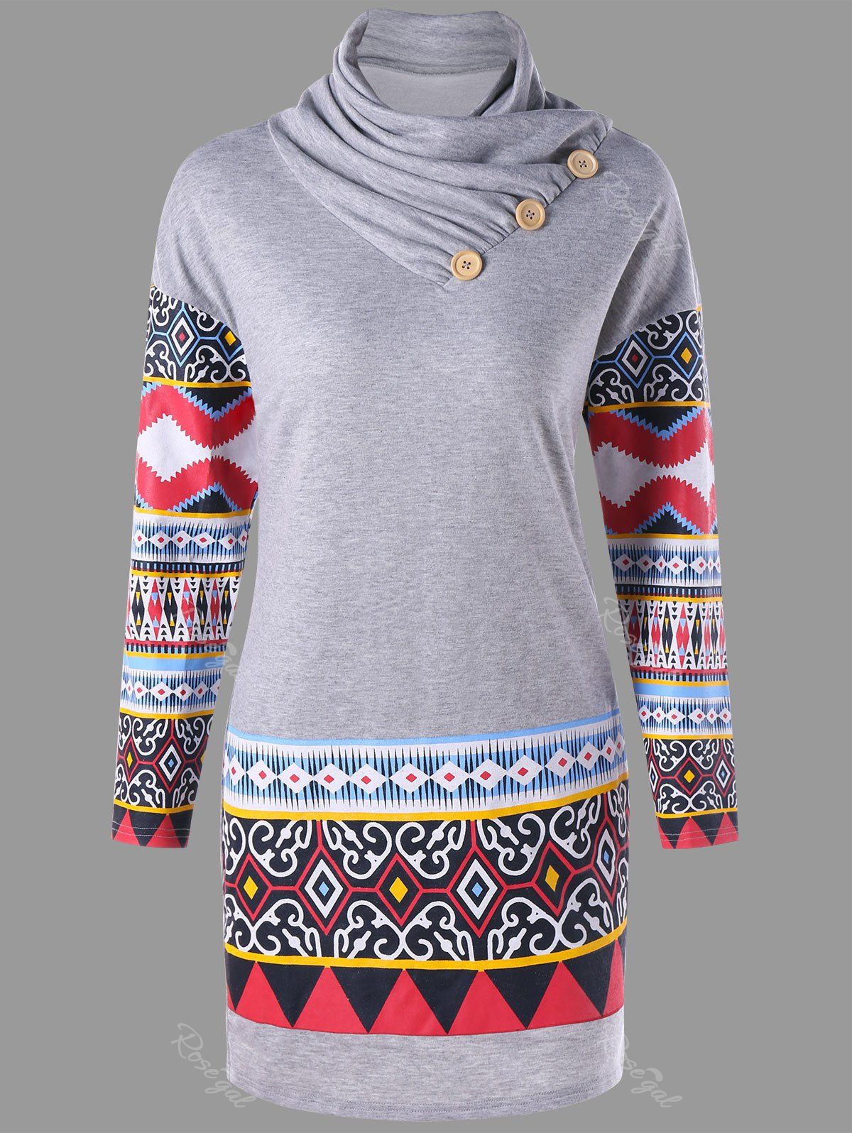 

Plus Size Ethnic Print Heap Collar Long Sleeve Dress, Gray