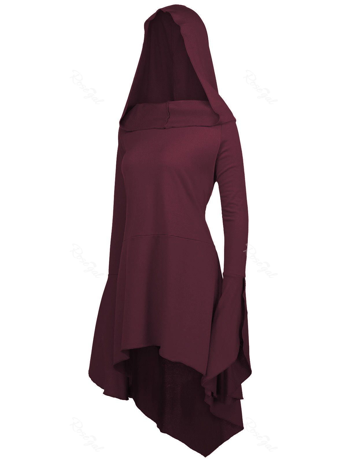

Flare Sleeve Long Plus Size High Low Hoodie, Bordeaux