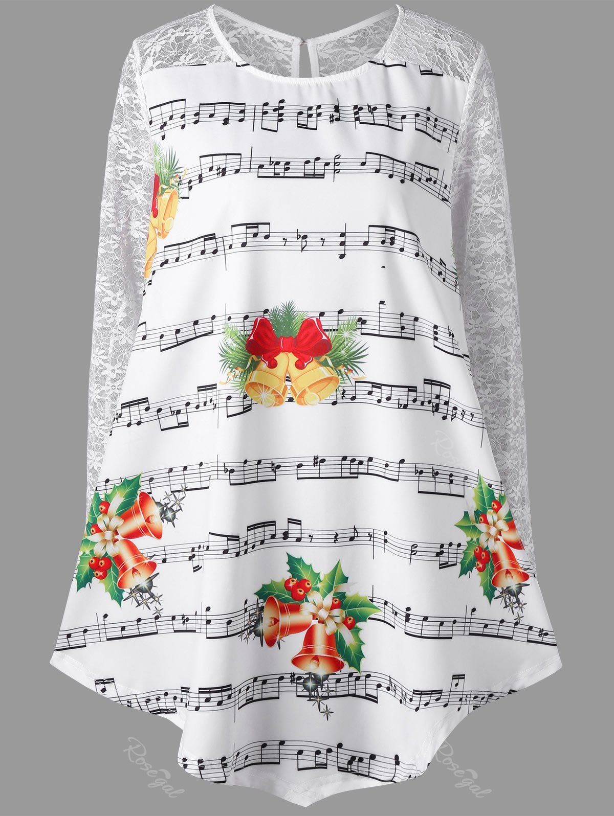 

Christmas Plus Size Lace Insert Music Note Print Blouse, White