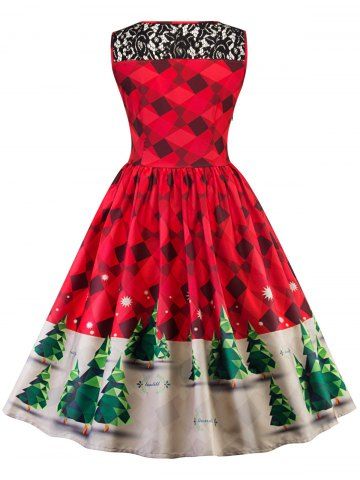 

Vintage Christmas Lace Insert Pin Up Skater Dress, Red