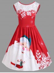 Christmas Santa Claus Print Lace Insert Party Dress -  