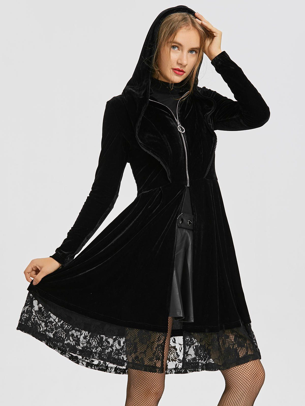

Ruffle Neck Lace Iansert Long Hooded Velvet Coat, Black