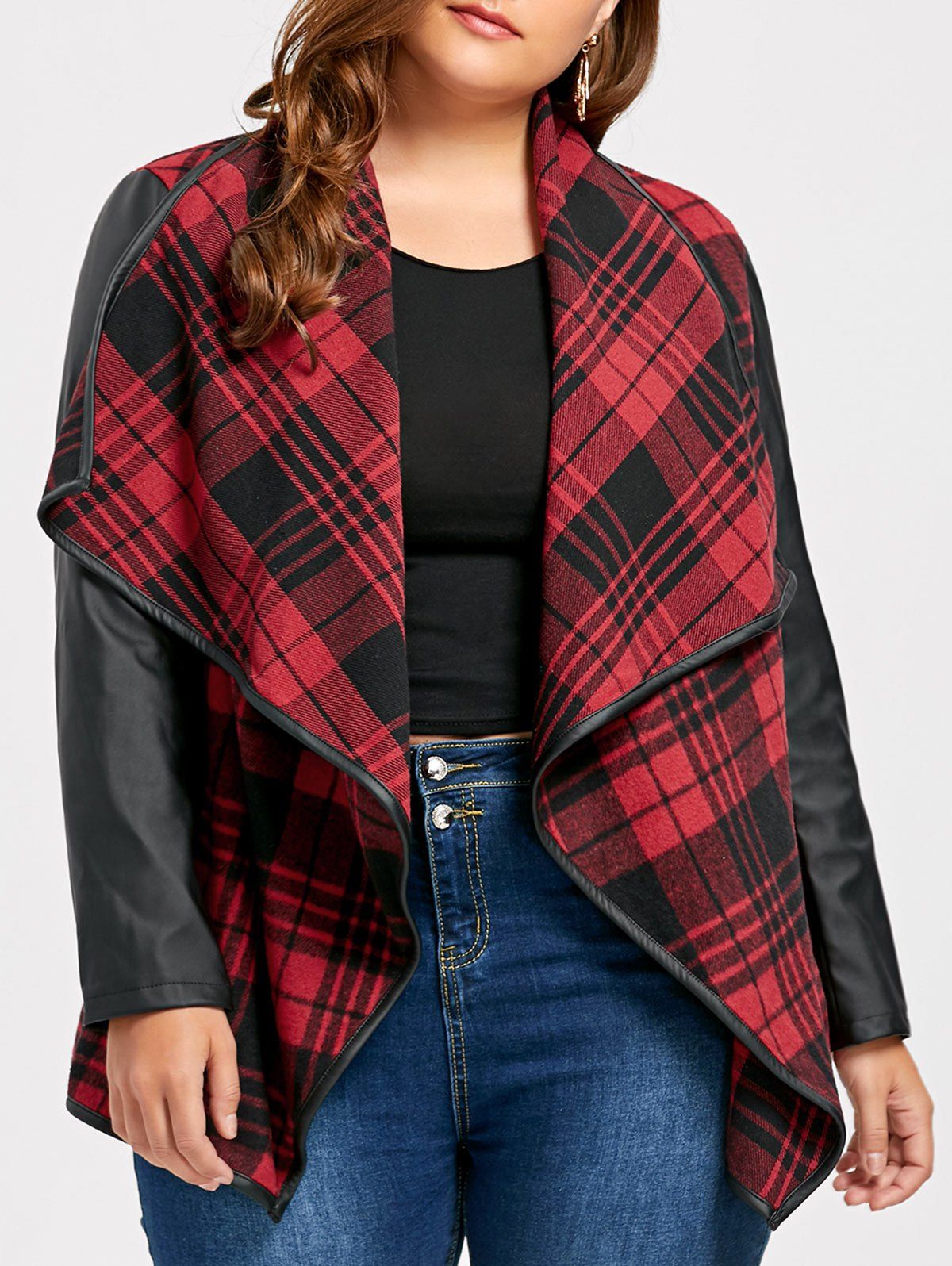 

Plus Size Plaid PU Leather Panel Open Front Jacket, Checked