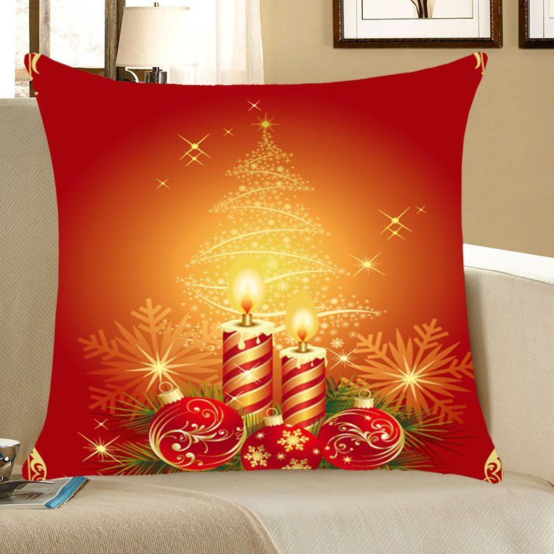 

Christmas Candles And Balls Printed Throw Pillow Case, Red
