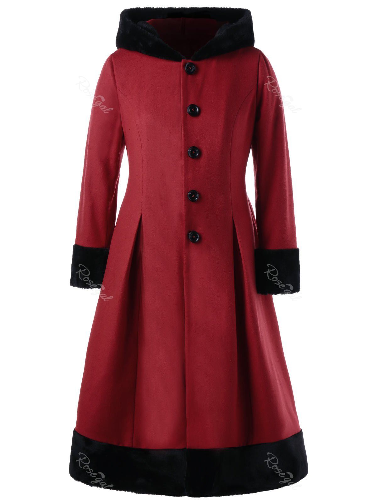 

Plus Size Faux Fur Hooded Button Up Dress Coat, Red
