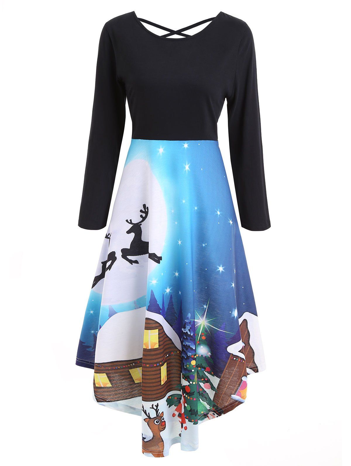 

Christmas Print Long Sleeve Flare Dress, Black