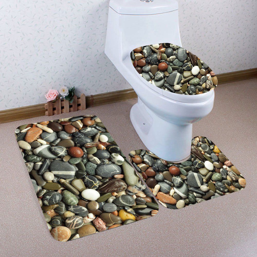 

Cobblestones Printed 3Pcs Bath Toilet Mat Set, Colormix