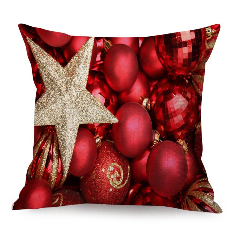 

Christmas Balls Star Print Linen Decorative Throw Pillow Case, Red