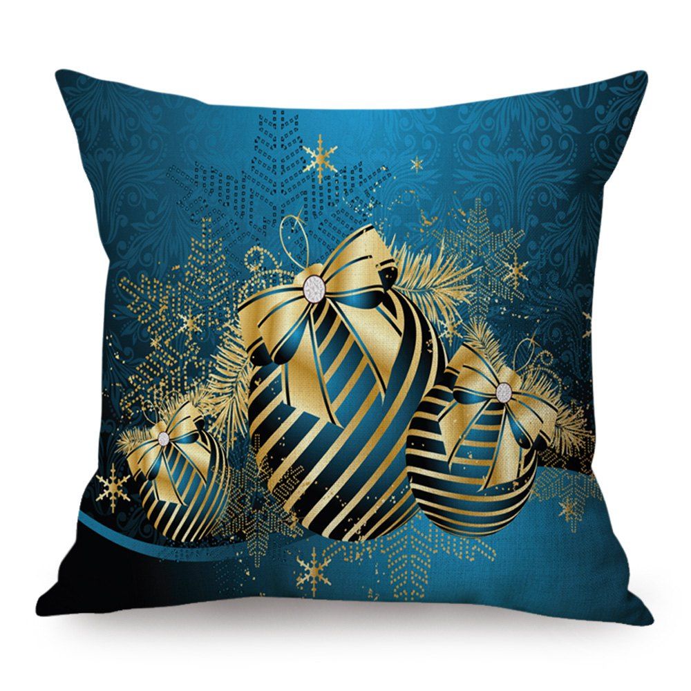 

Christmas Balls Printed Linen Throw Pillow Case, Peacock blue