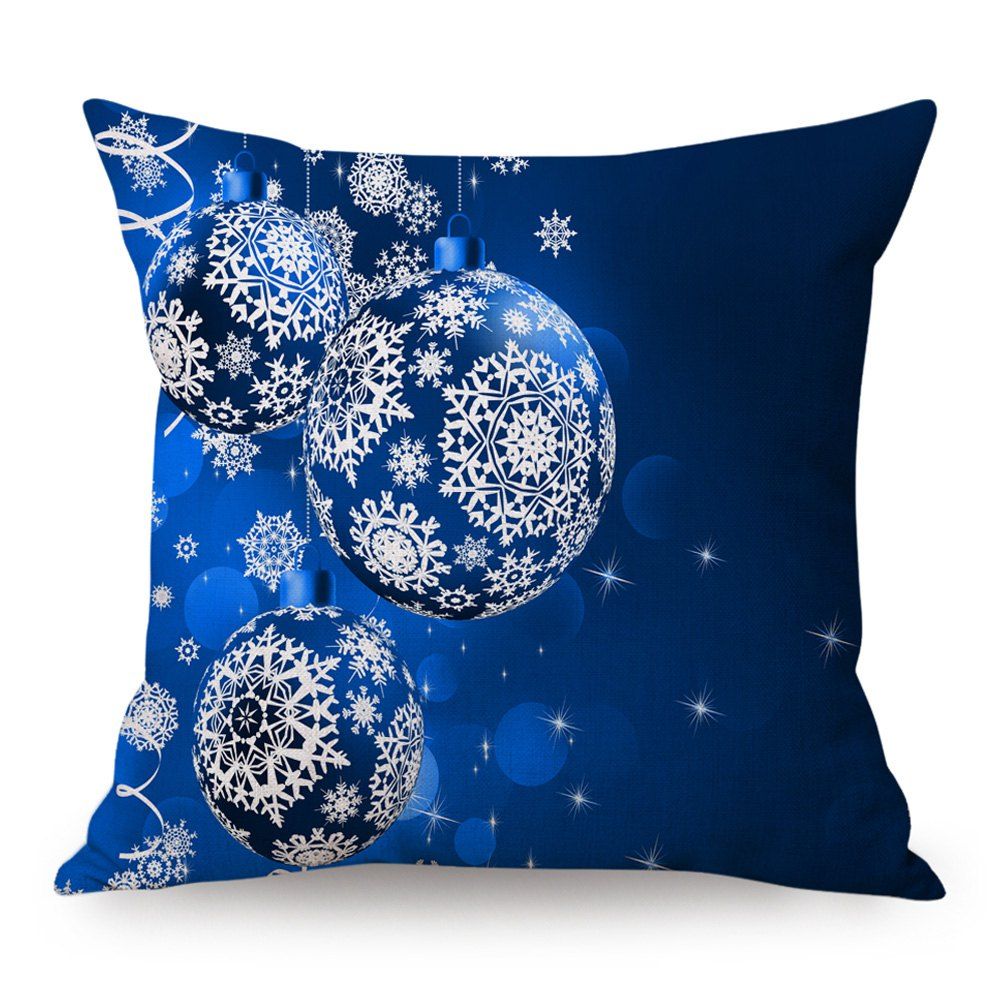 

Christmas Balls Print Linen Decorative Pillowcase, Blue