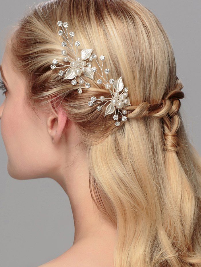 

Faux Pearl Rhinestone Wedding Leaf Hairpin, Silver