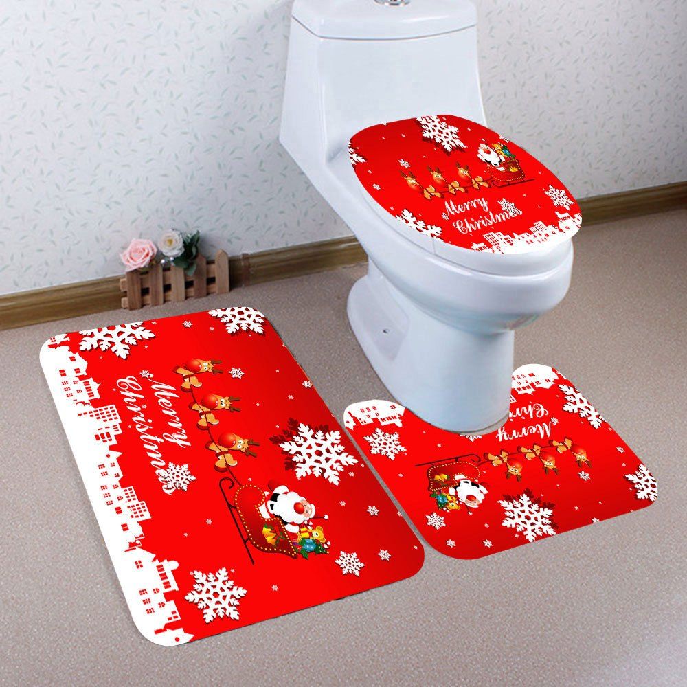 

3Pcs Snowflakes Christmas Sled Patterned Bath Toilet Mat Set, Red and white