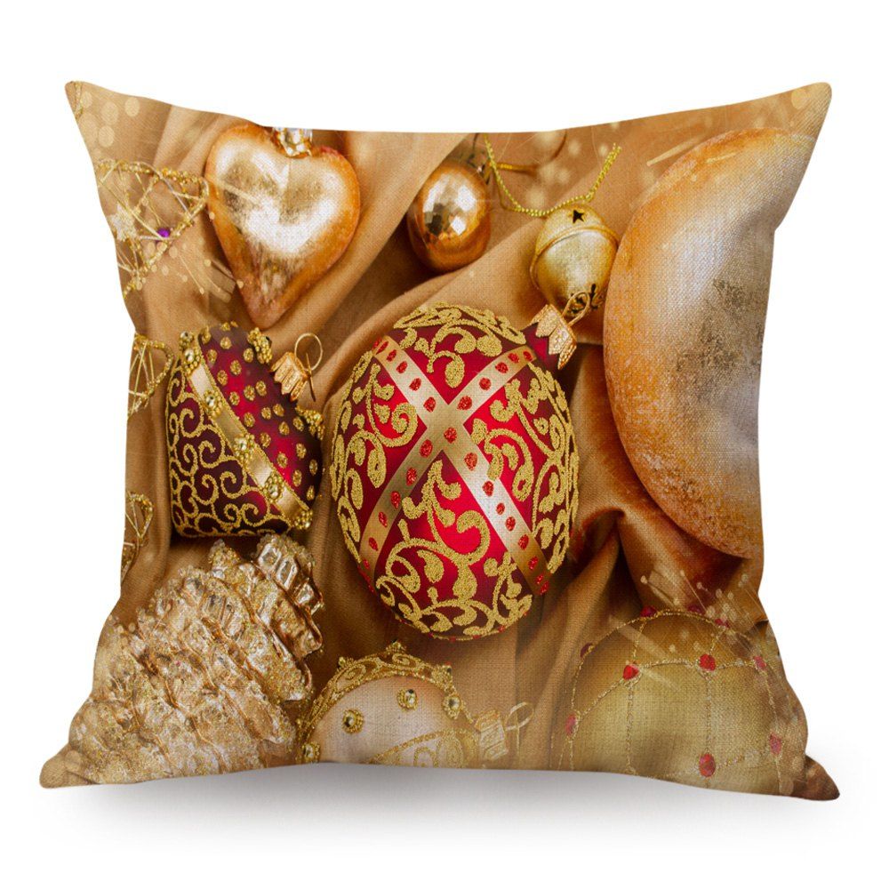 

Christmas Balls Heart Print Linen Decorative Throw Pillow Case, Golden