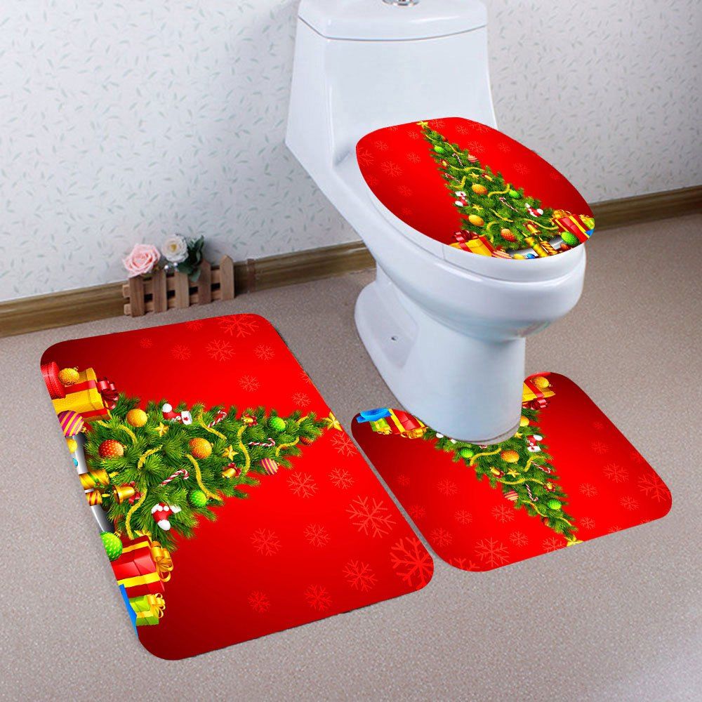 

Christmas Tree And Gifts Print 3Pcs Bath Toilet Set, Red