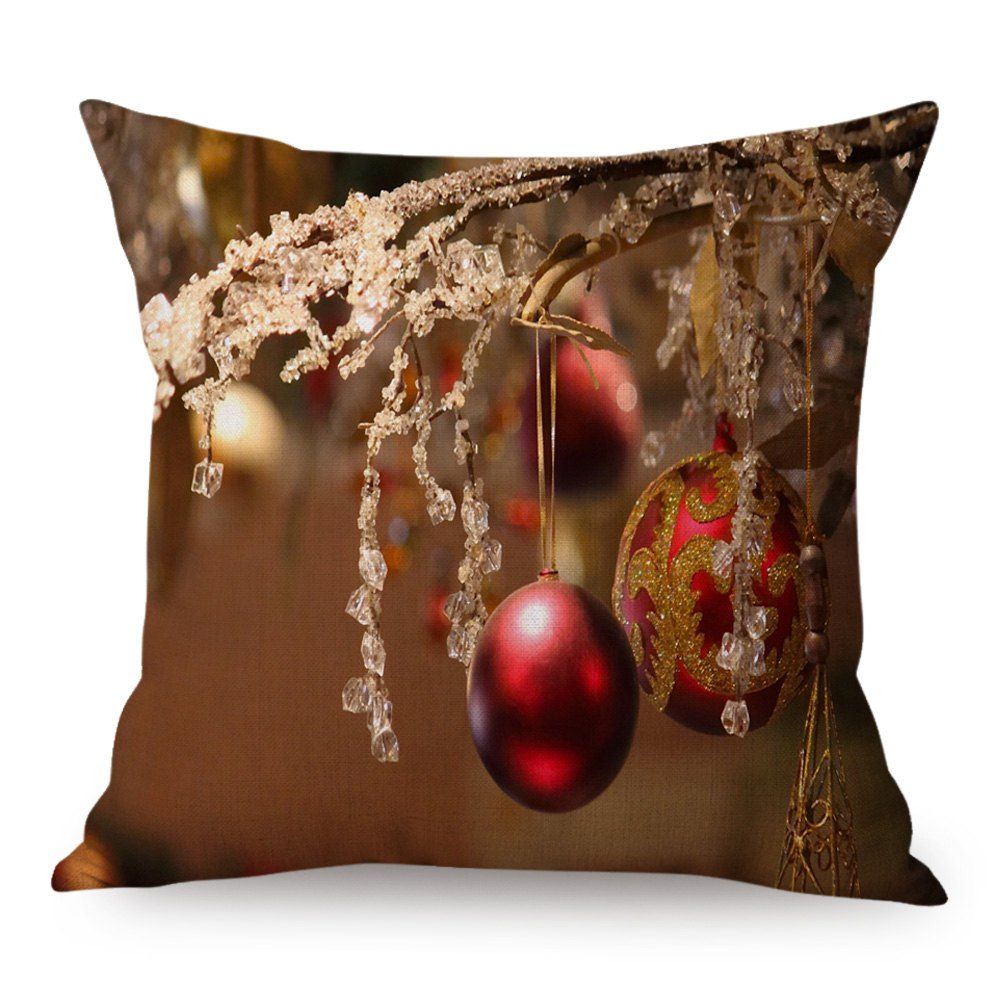 

Christmas Decoration Ball Print Linen Throw Pillow Case, Brown