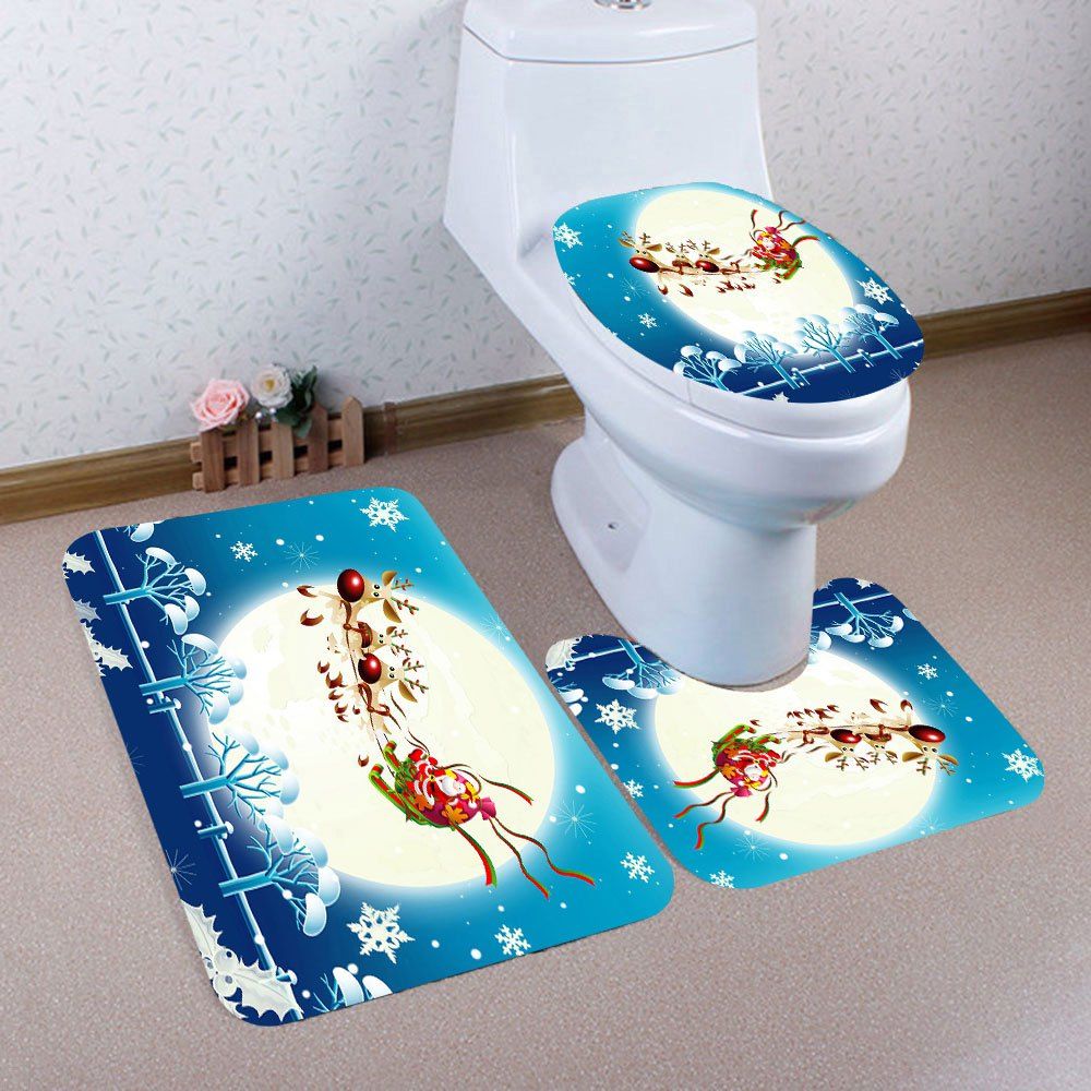 

Moon Santa Elk Sled Patterned 3Pcs Toilet Mat Set, Blue and white