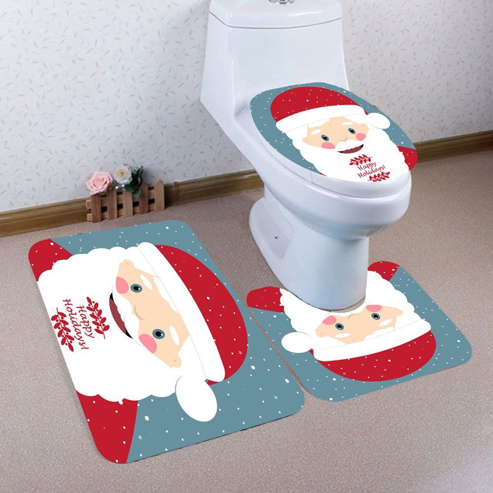 

3Pcs Santa Claus Polka Dot Printed Toilet Mat Set, Red and white and blue