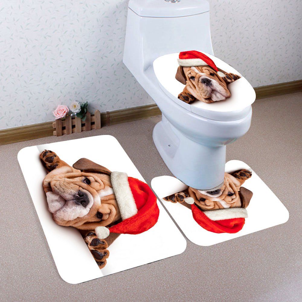 

Santa Dog Patterned 3Pcs Bath Toilet Mat Set, Brown and white