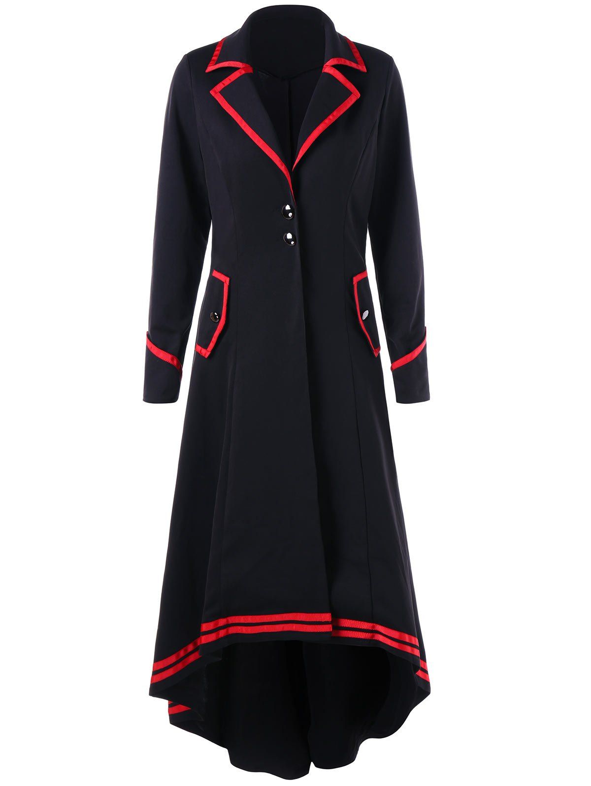 

Contrast Trim High Low Hem Trench Coat, Black&red