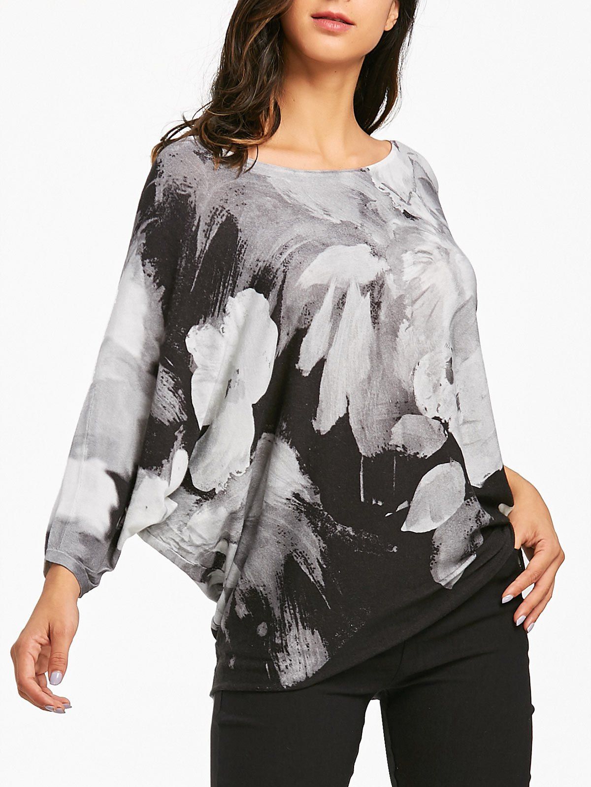 

Floral Monochrome Batwing Sleeve Knitwear, Gray