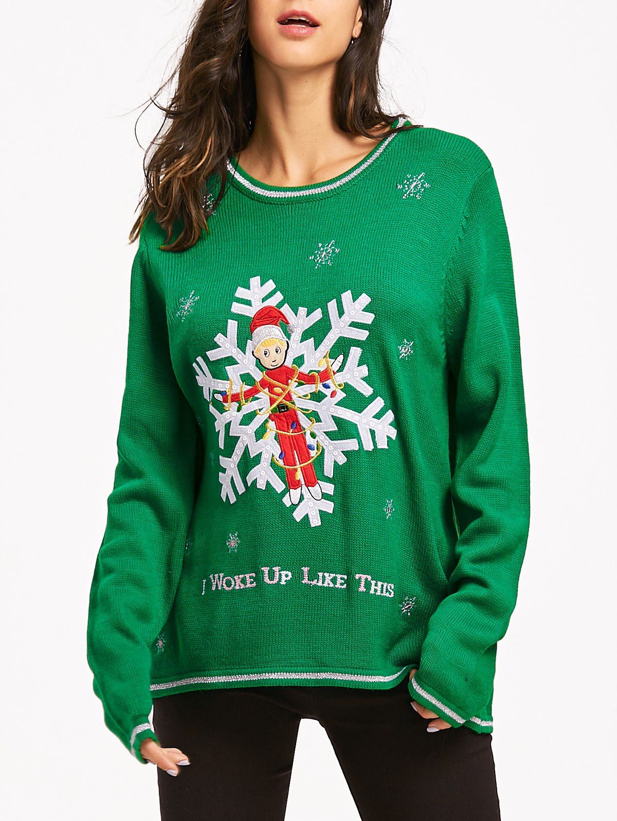 

Christmas Snowflake Jacquard Letter Embroidery Sweater, Green