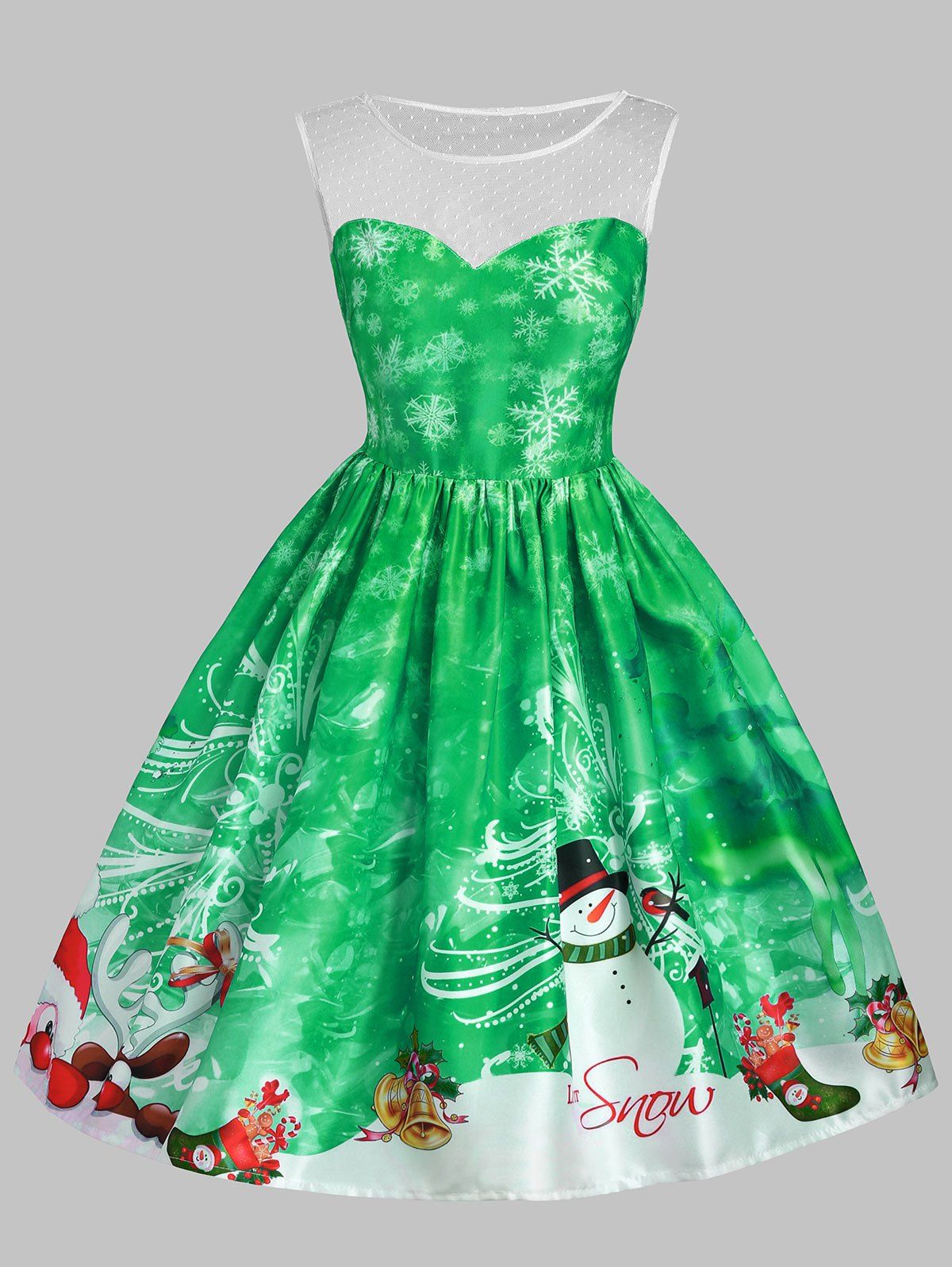 

Christmas Snowman Snowflake Mesh Insert Dress, Green