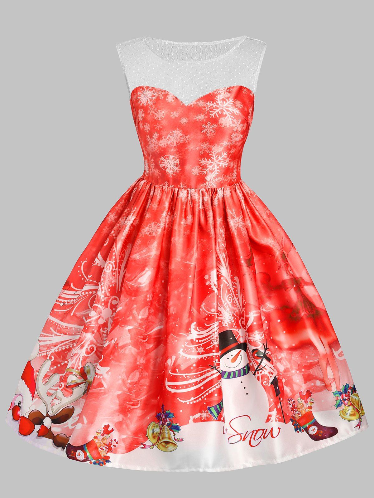 

Christmas Snowman Snowflake Mesh Insert Dress, Red