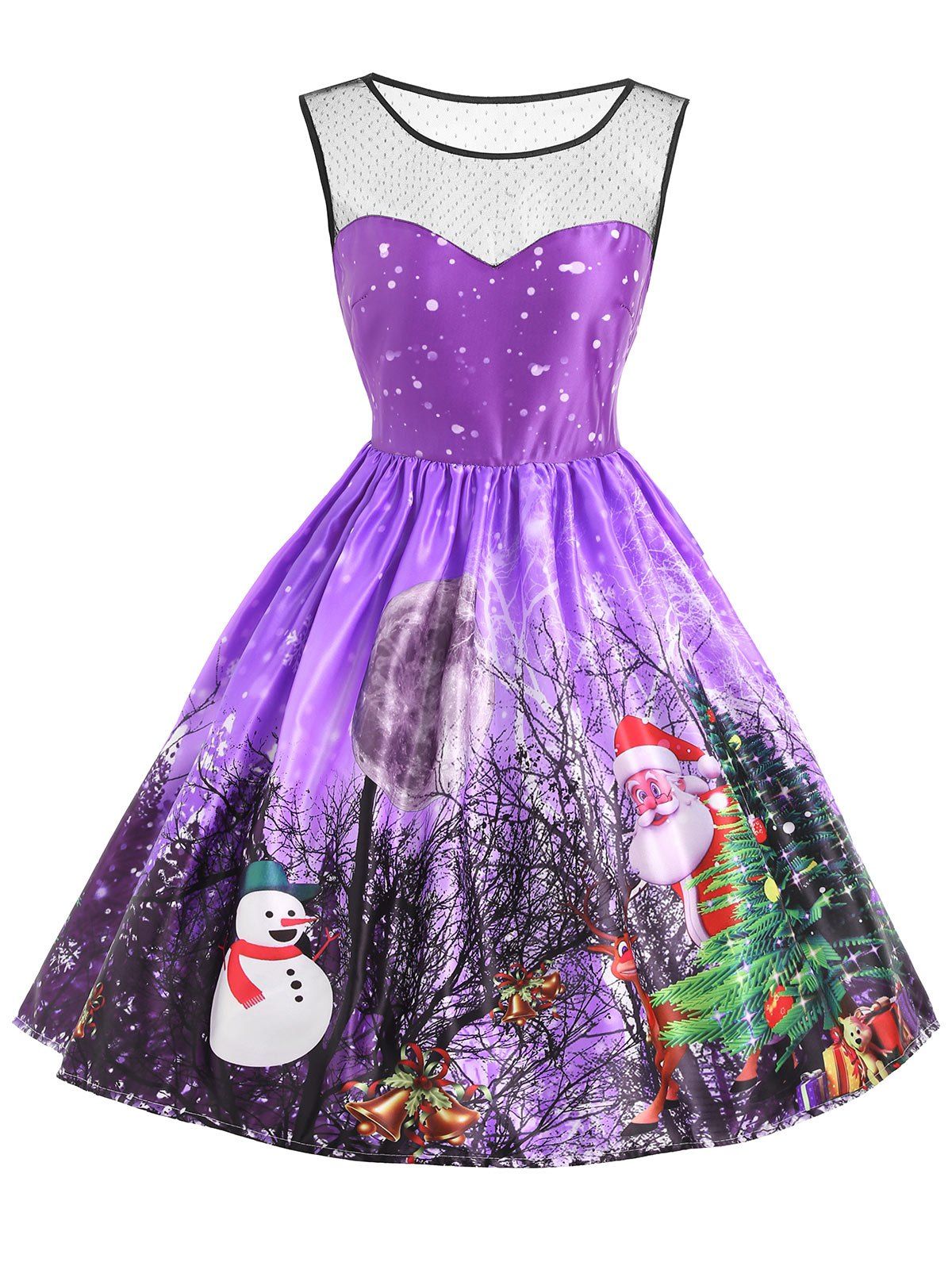 

Christmas Santa Claus Snowman Mesh Insert Dress, Purple