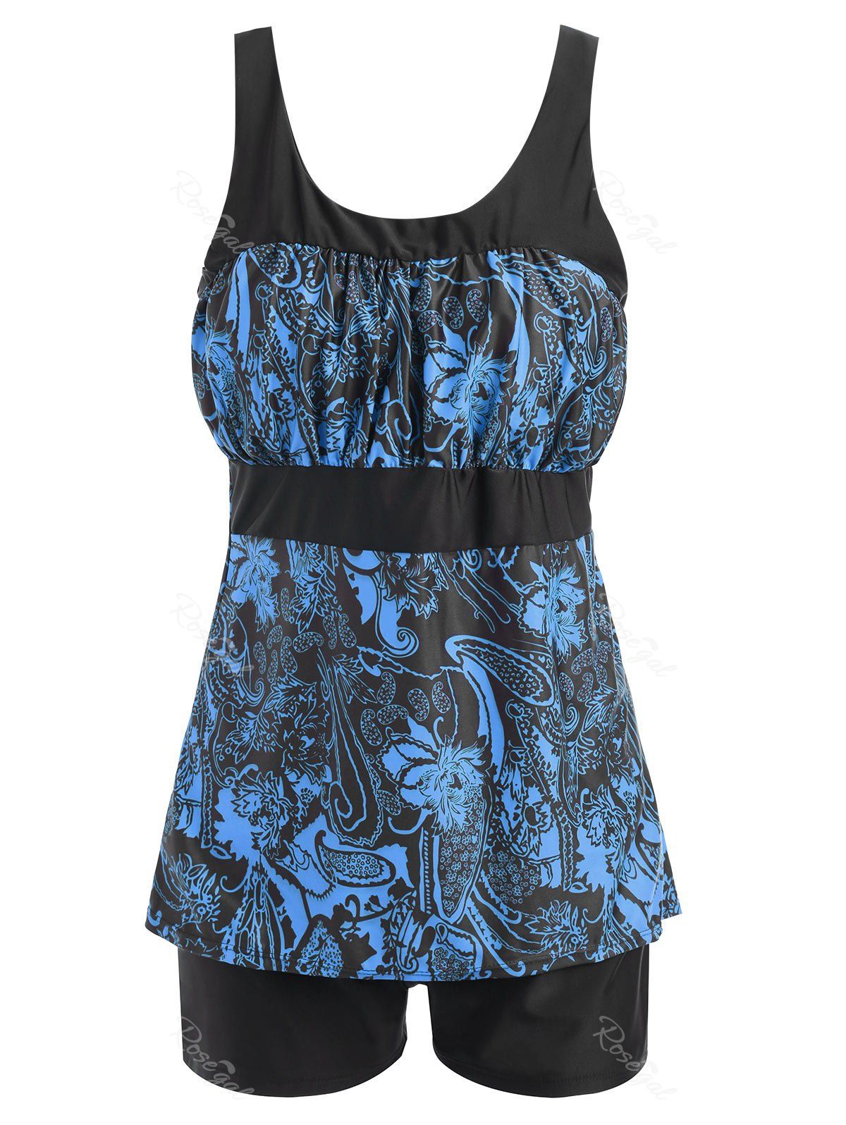 

Padded Floral Print Plus Size Tankini Set, Blue