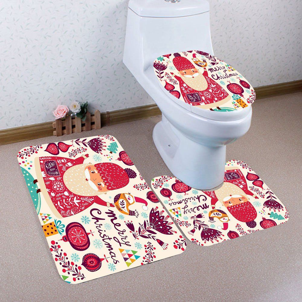 

3Pcs Santa Claus Gifts Printed Bath Toilet Mat Set, Colorful
