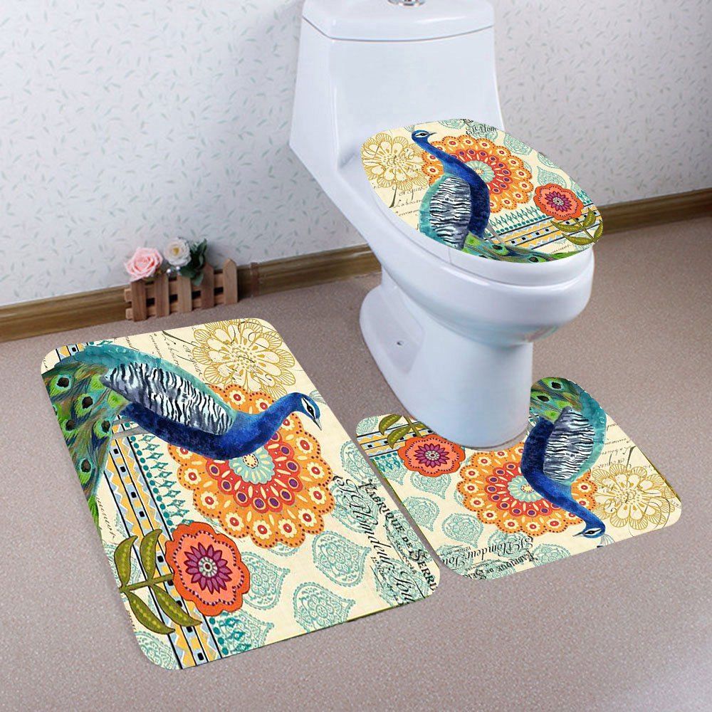 

Peacock Flowers Pattern 3Pcs Bath Toilet Mat Set, Colorful
