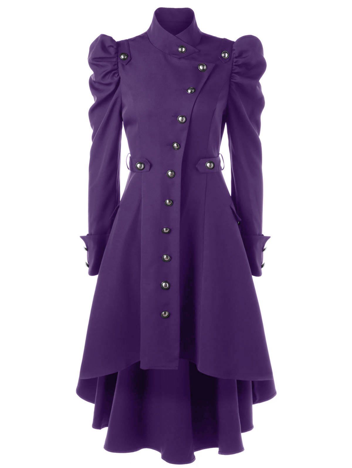 

Puff Shoulder Single Breasted Dip Hem Trench Coat, Purple