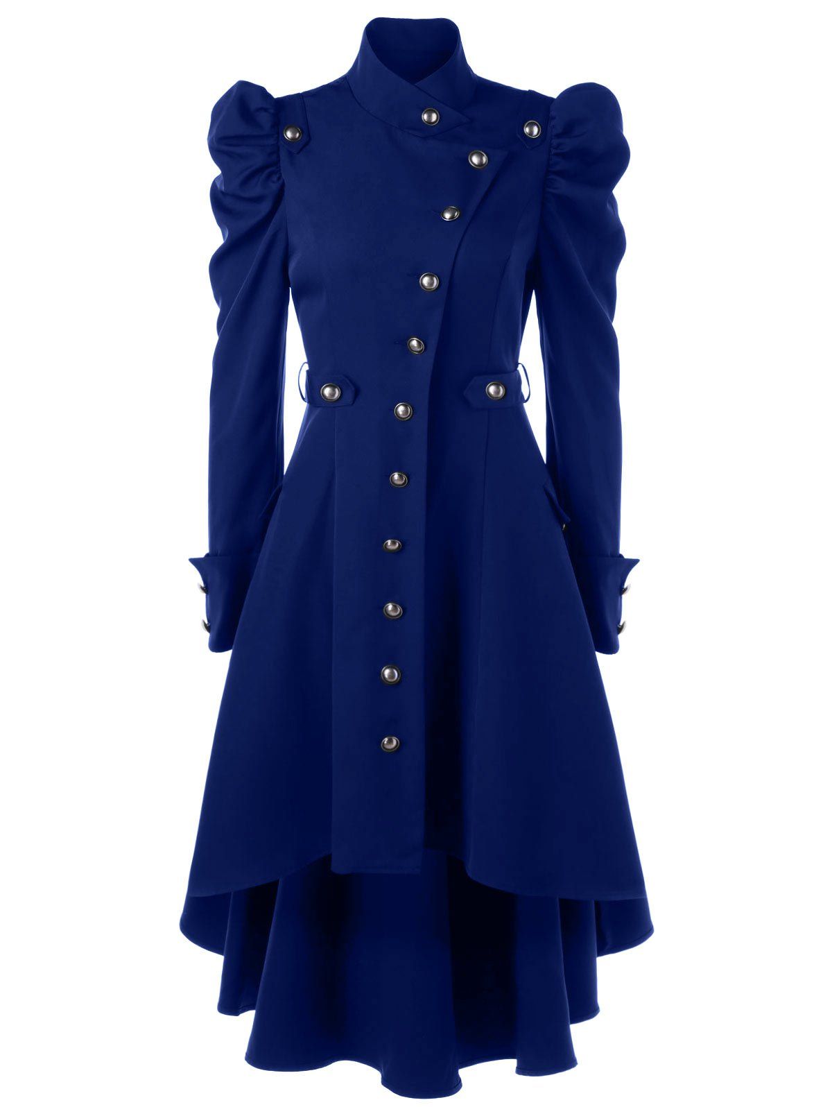 

Puff Shoulder Single Breasted Dip Hem Trench Coat, Purplish blue