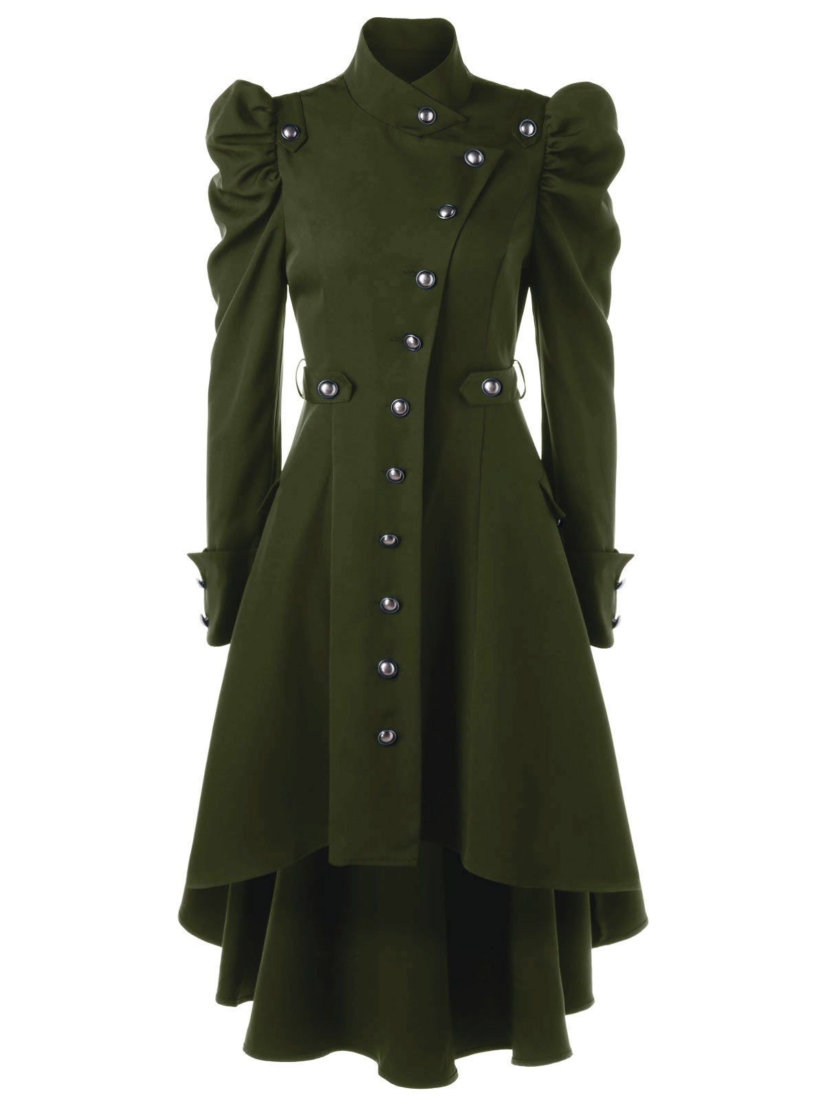 

Puff Shoulder Single Breasted Dip Hem Trench Coat, Army green