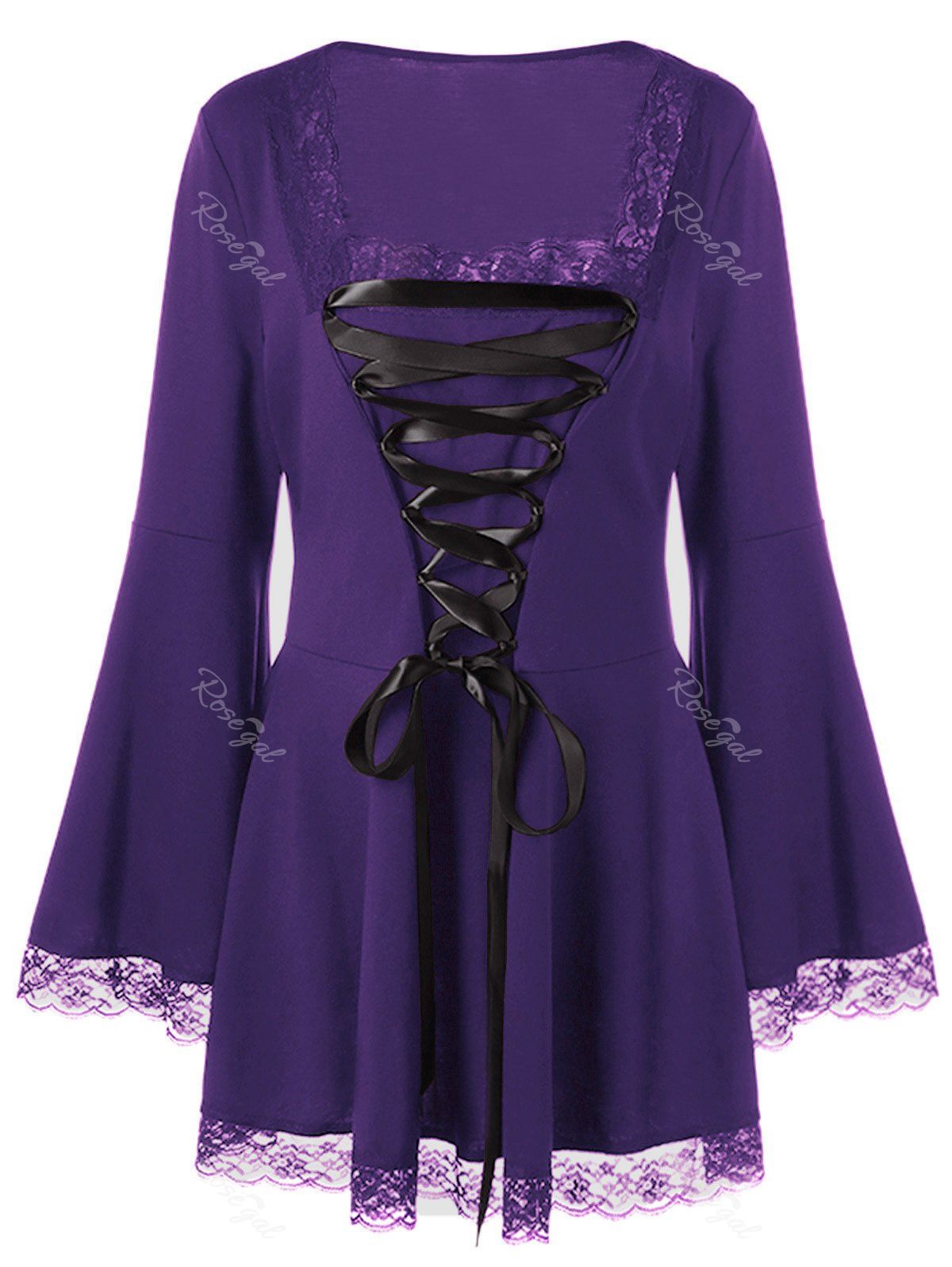 

Halloween Plus Size Lace Up Bell Sleeve Top, Purple