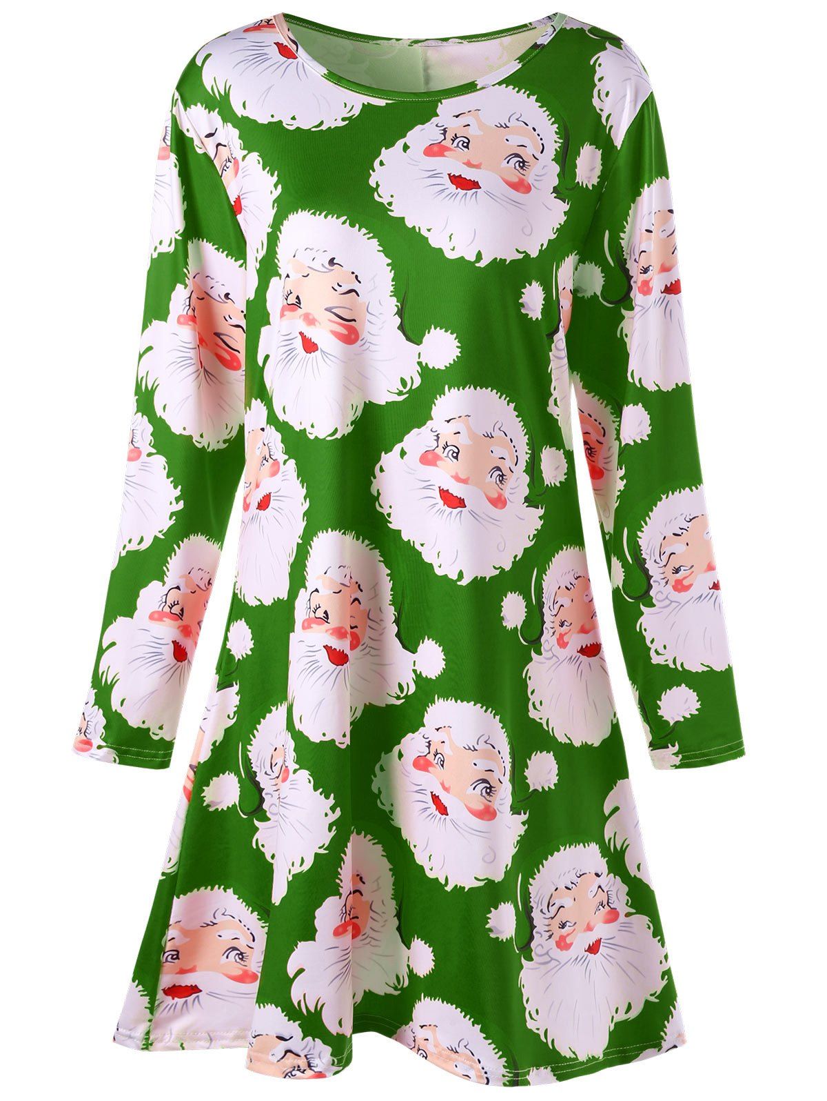 

Santa Claus Print Mini Plus Size Swing Skater Dress, Green