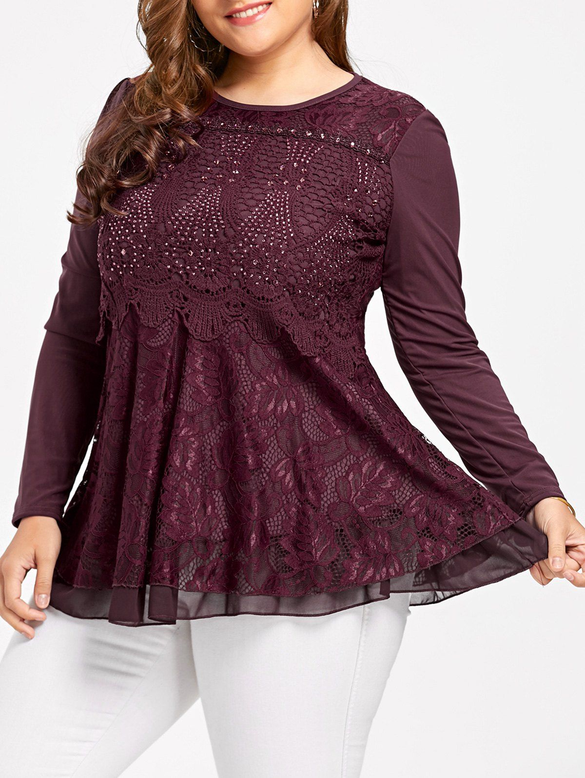 

Plus Size Layered Lace Babydoll Blouse, Dark red