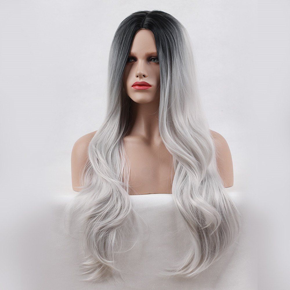 

Long Center Parting Ombre Layered Wavy Synthetic Wig, Black and grey