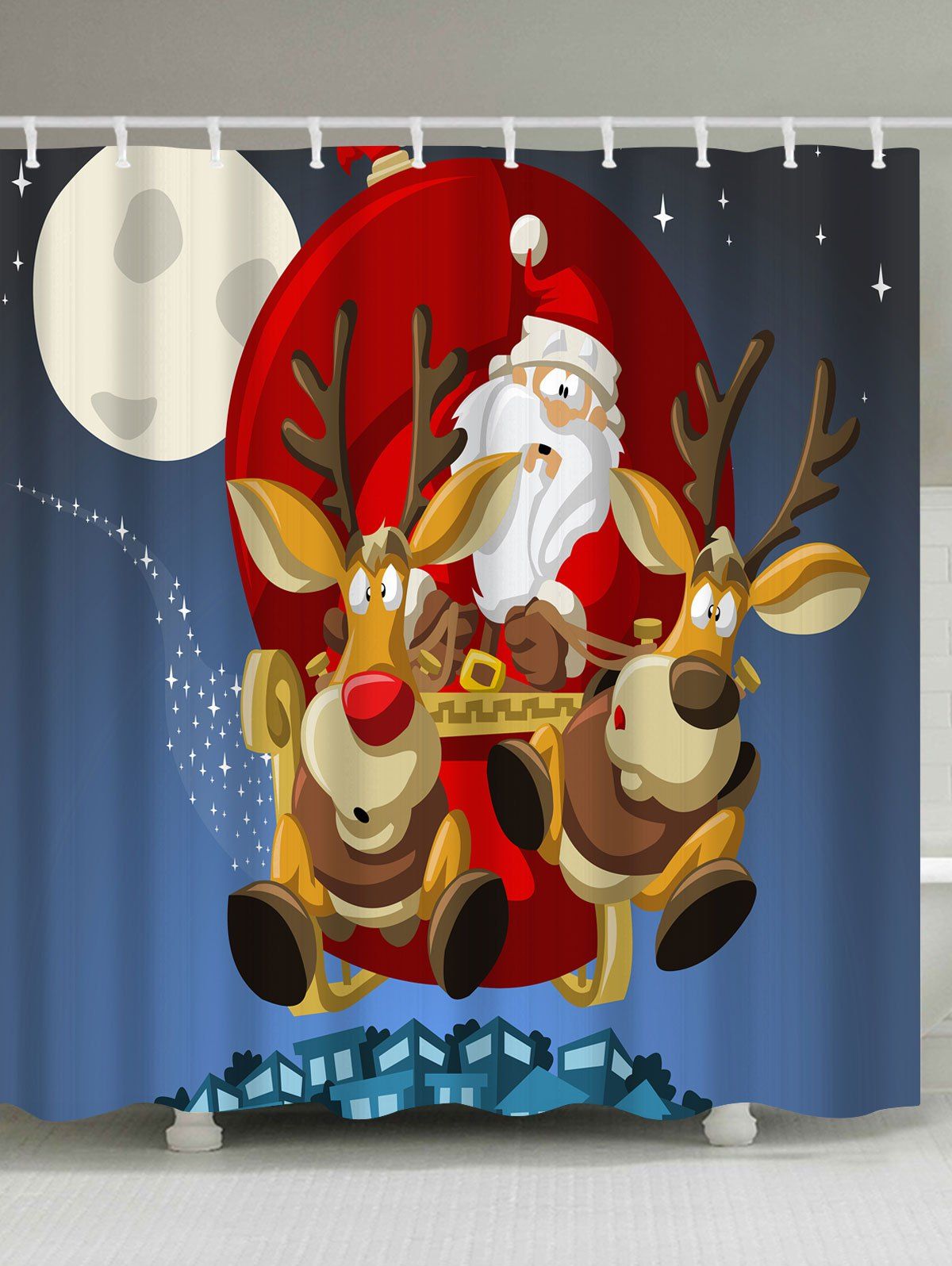 

Polyester Waterproof Merry Christmas Cartoon Washroom Curtain, Blue
