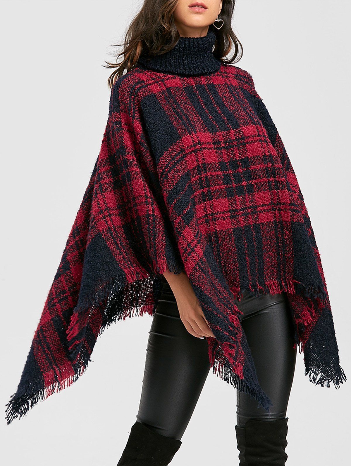 

Turtleneck Batwing Sleeve Plaid Handkerchief Poncho Sweater, Wine red
