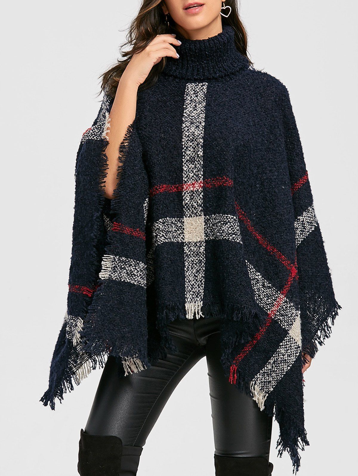 

Plaid Handkerchief Turtleneck Poncho Sweater, Black