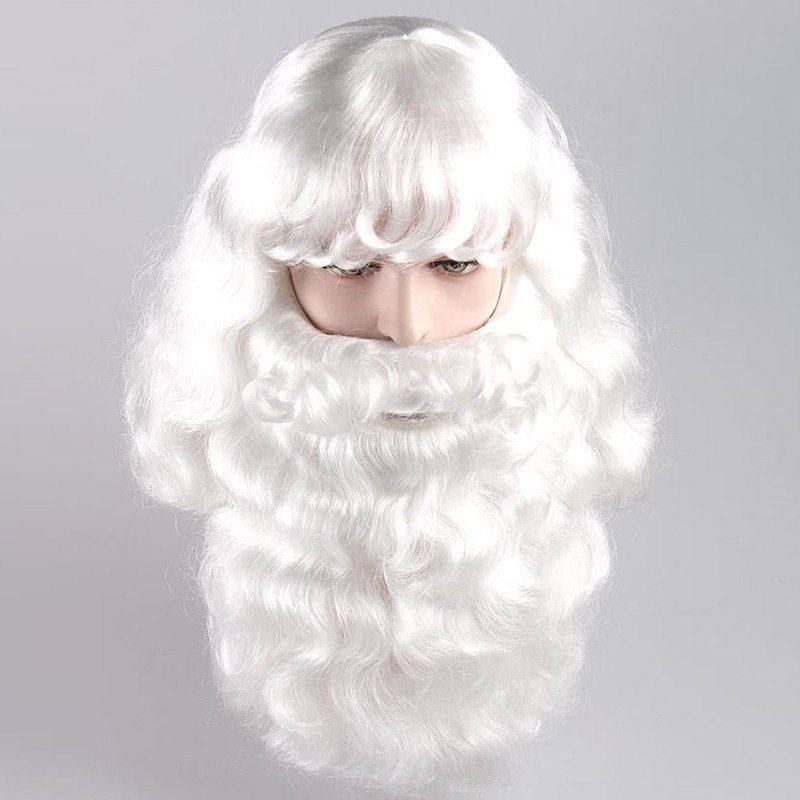 

Long Side Bang Fluffy Curly Santa Claus Cosplay Wig With Beard, White