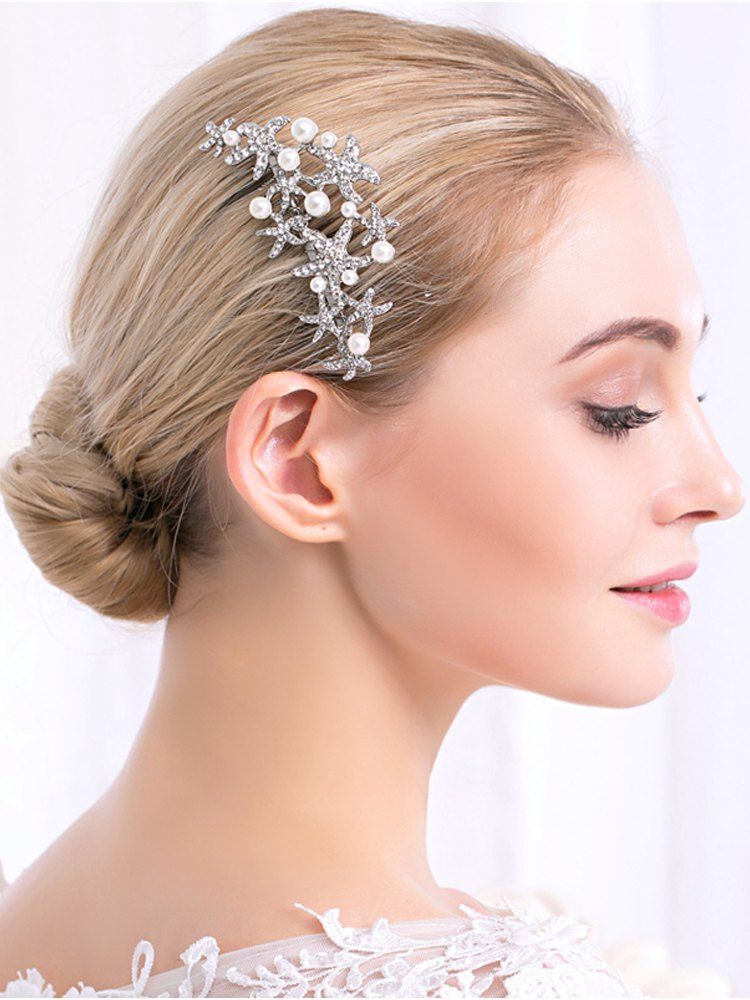 

Faux Pearl Rhinestoned Starfish Wedding Hair Comb, White