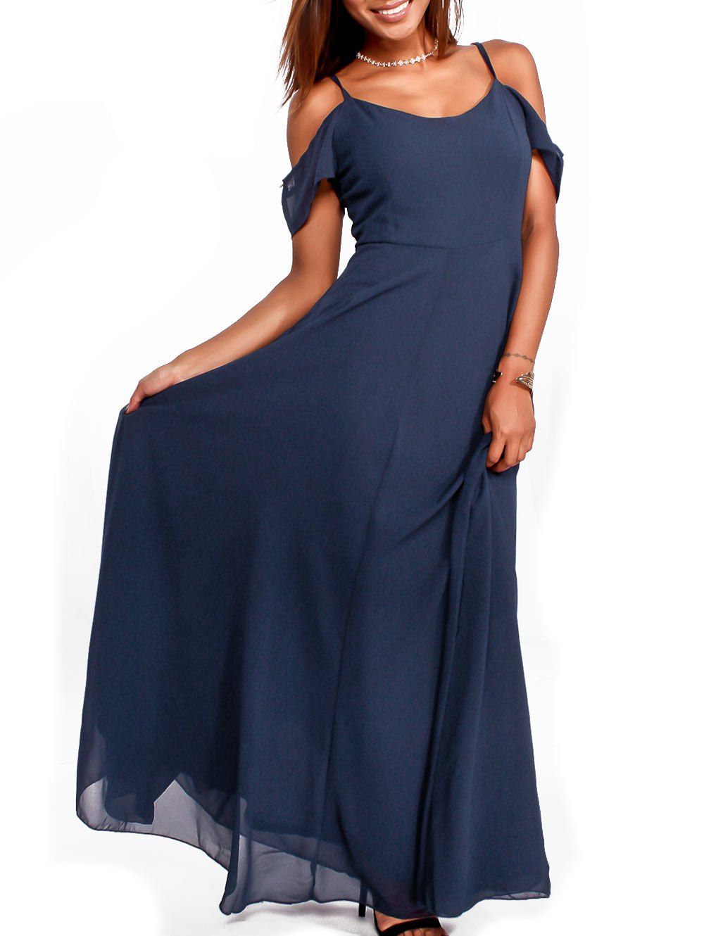 

Chiffon Cold Shoulder Maxi Flowy Dress, Purplish blue