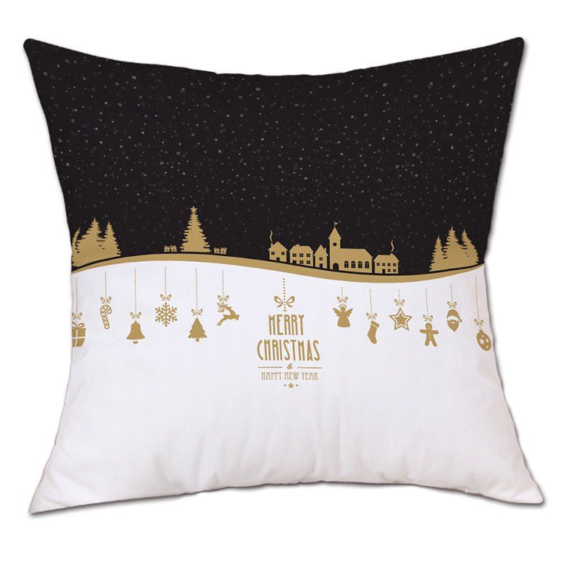 

Christmas Night City Print Decorative Linen Pillowcase, Black white