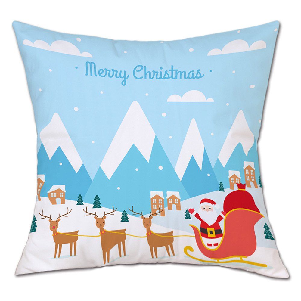 

Christmas Village Sleigh Print Decorative Linen Pillowcase, Light blue