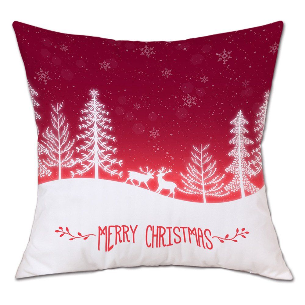 

Christmas Trees Deers Print Decorative Linen Pillowcase, Red