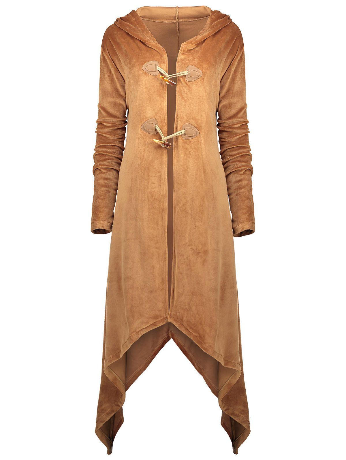 

Asymmetric Plus Size Hooded Velvet Buckle Duffle Coat, Earthy