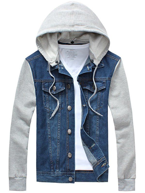 

Denim Panel Jacket with Detachable Hood, Blue