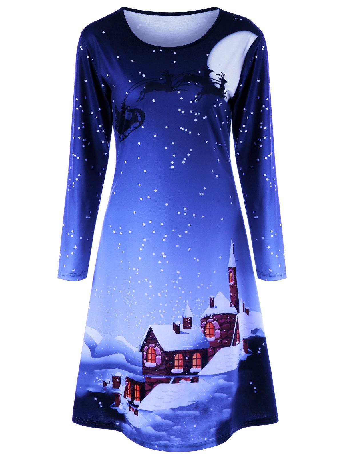 

Christmas Plus Size Graphic Long Sleeve Dress, Blue